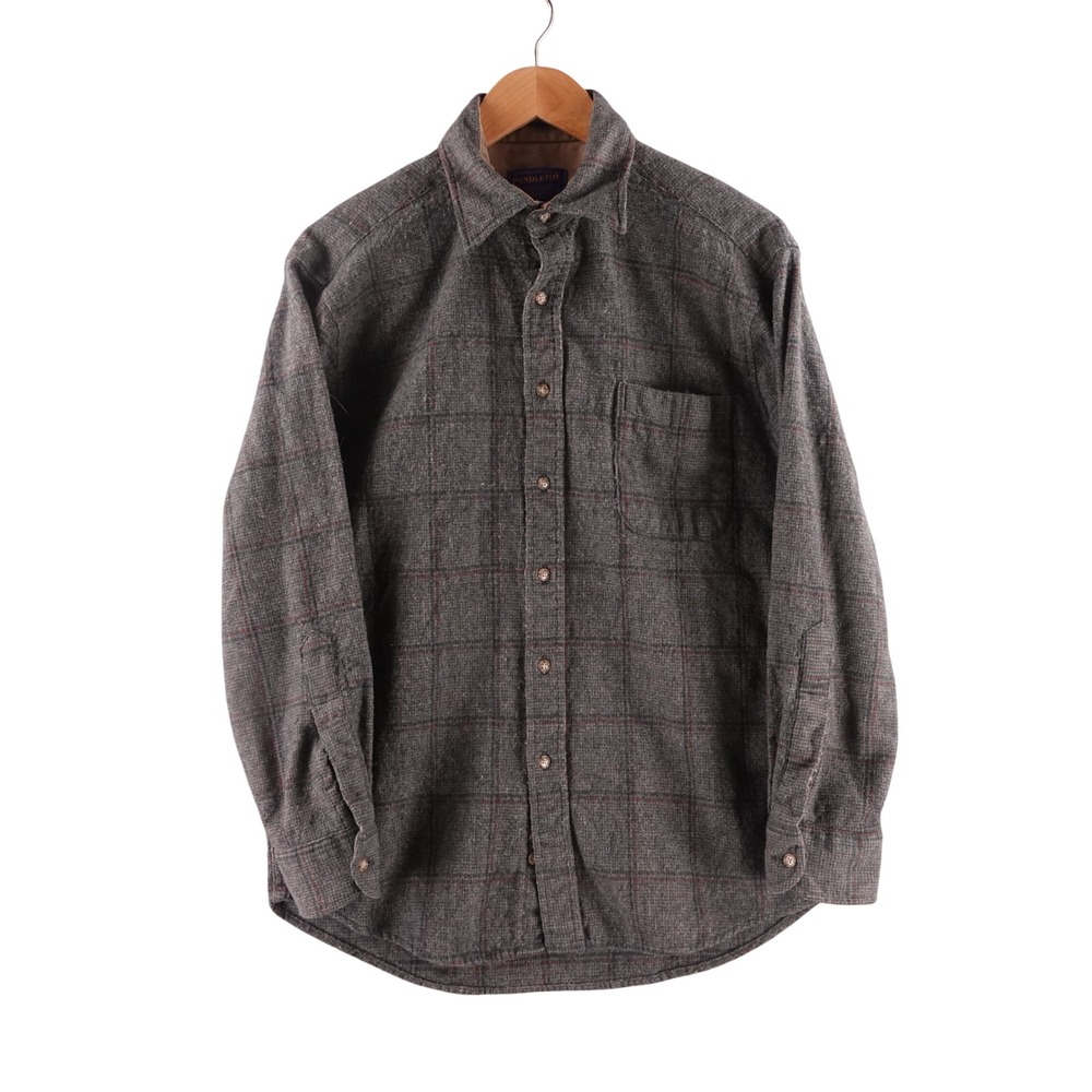 Vintage Pendleton Men Medium Lodge Shirt Gray Plaid 100% Virgin Wool Button Down